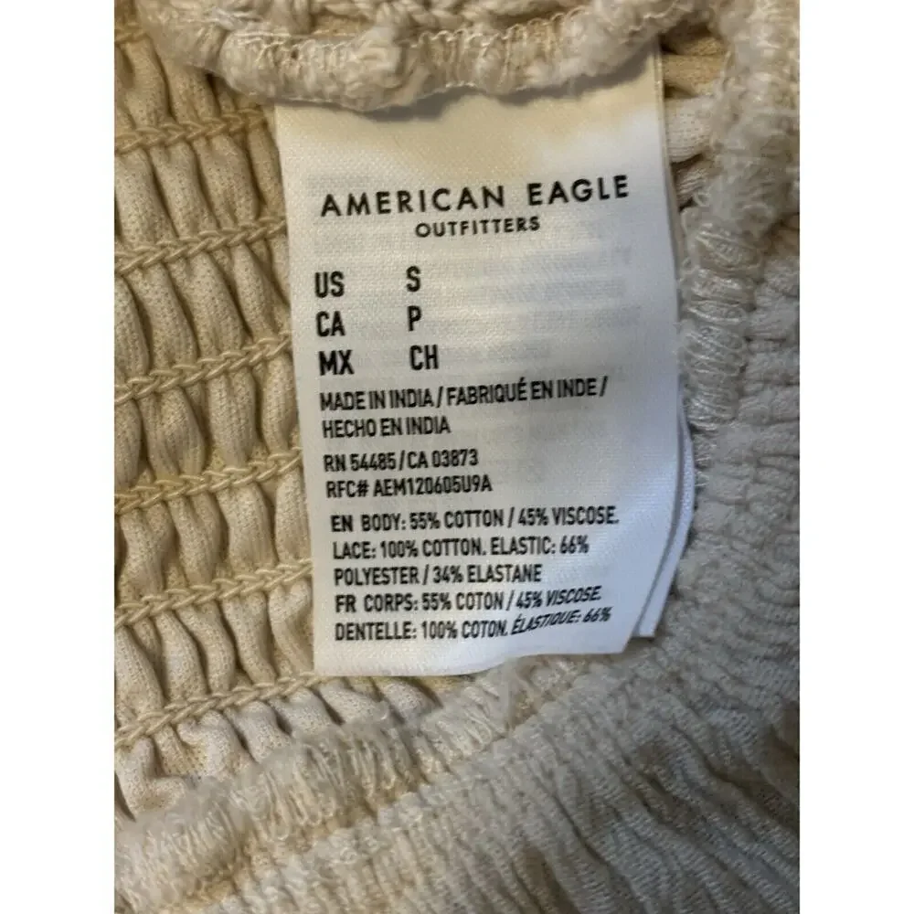 American Eagle Women Small Crop Top Beige Boho Crochet Crinkled Stretch